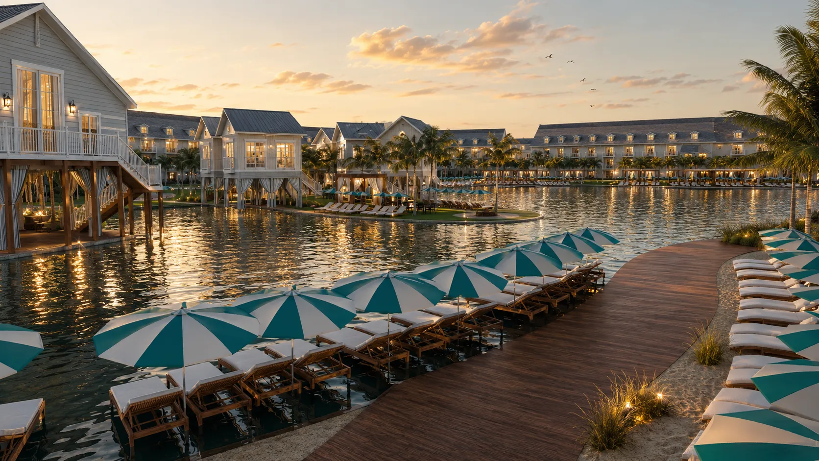 Concept rendering of the Discovery Sands beach club with umbrellas along a boardwalk, Galveston, Texas